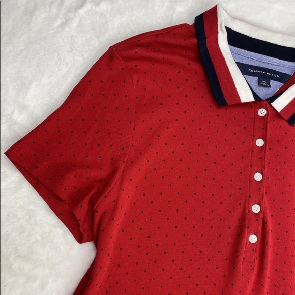 Tommy Hilfiger Shirt Dress Large Red Polka Dots Collared Polo Short Buttons - Picture 5 of 6